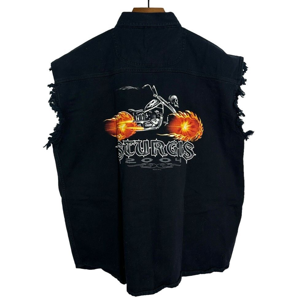 STURGIS Bike Week 2004 Denim Biker Vest Mens Black Button Up Sleeveless 2XL